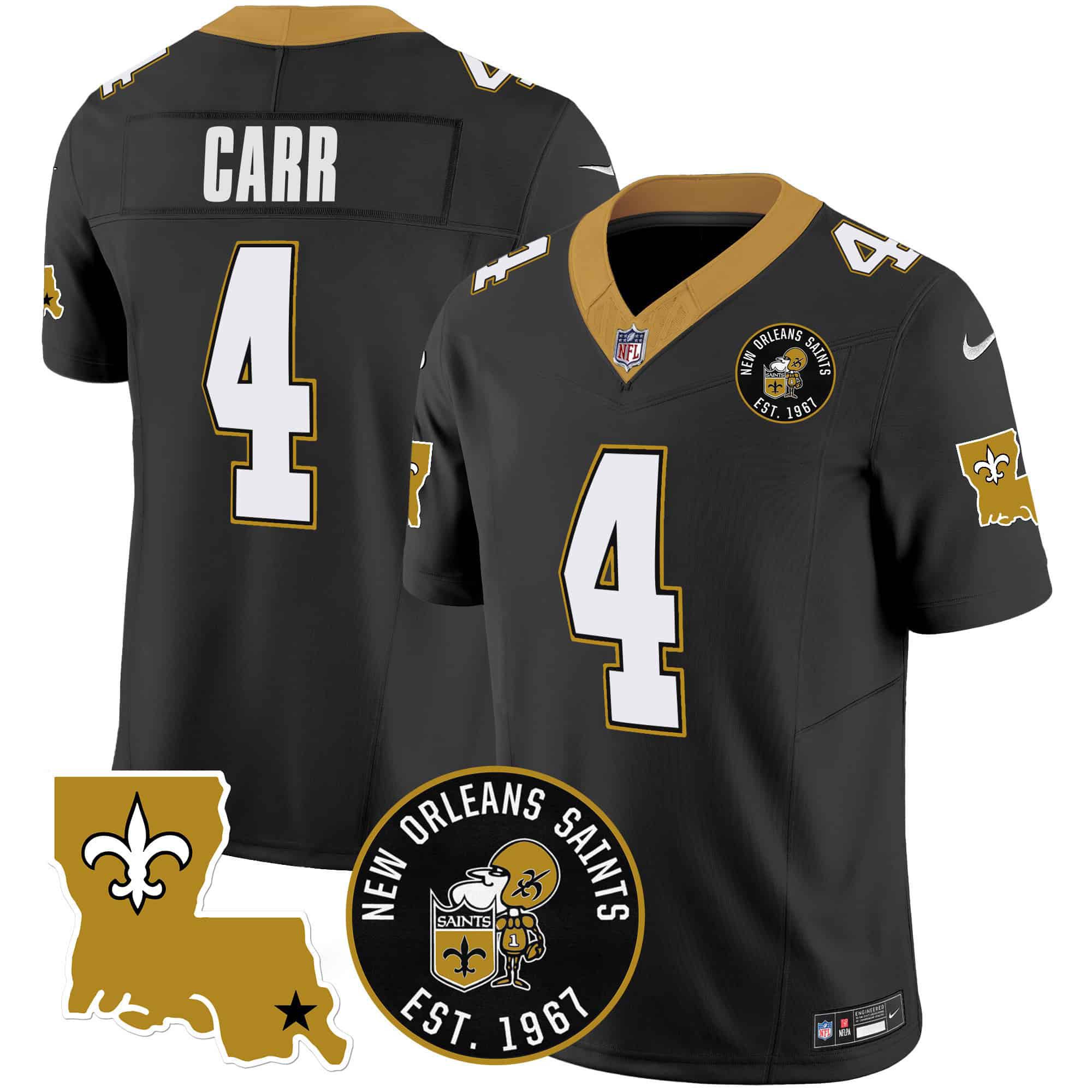 Men New Orleans Saints #4 Carr Black 2024 Nike 1967 Patch Vapor Limited NFL Jersey style 1